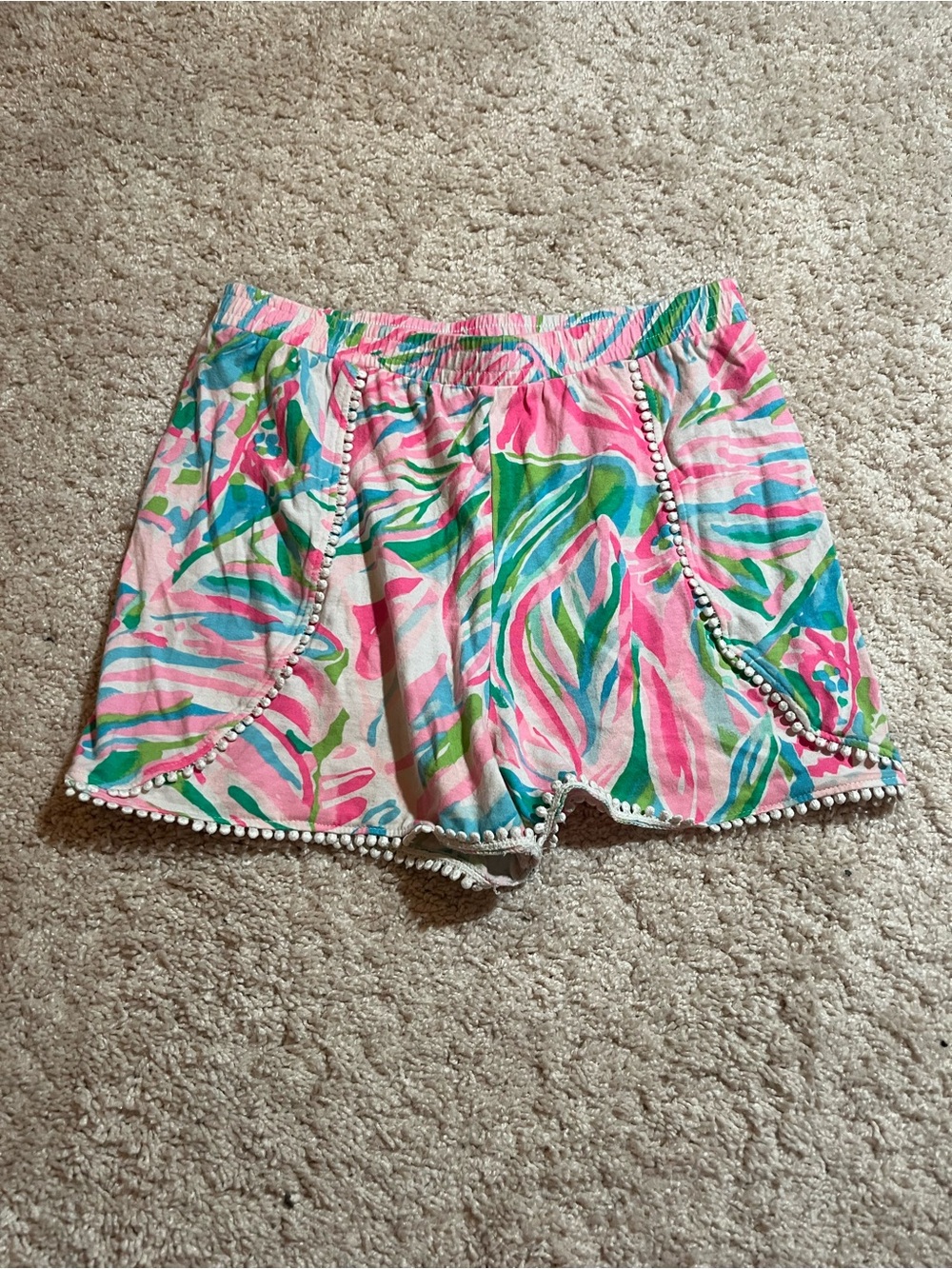 Lilly Pulitzer Pink Green Blue Tropical Pom-Pom Trim High Waist Shorts